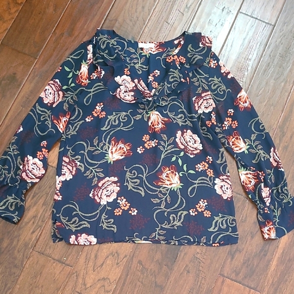 Loft Outlet navy blouse with floral pattern & ruffled neckline size Medium - Picture 1 of 7